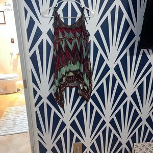 Source Unknown Red and Teal Patterned Tank Top